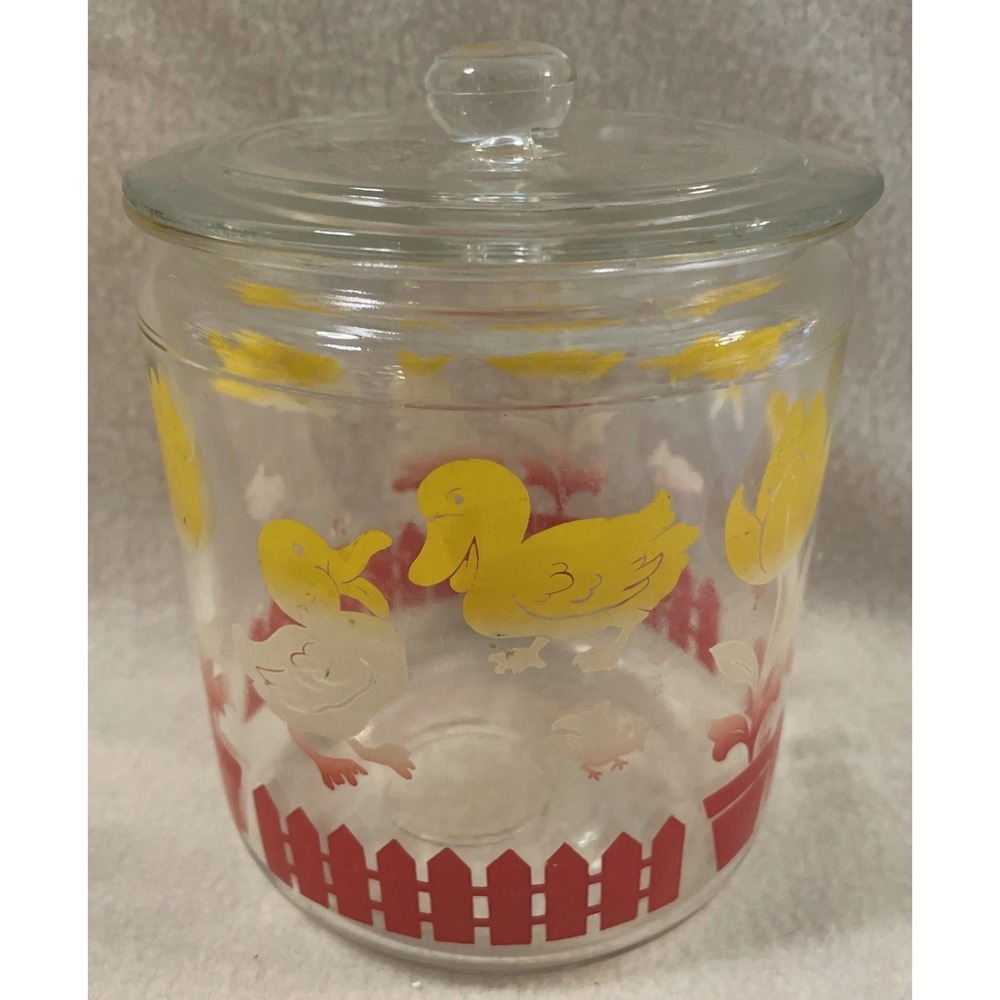 Vintage AH Hazel Atlas Glass Biscuit Jar Canister Bunny Lamb Duck Tulip 1940's